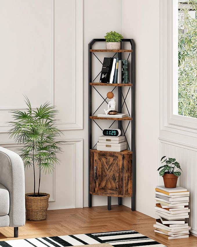 62.2" Corner Shelf with Cabinet, 4-Tier Tall Corner Bookshelf with X-Shaped and - Image 5