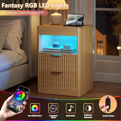 REAHOME Fluted Nightstand with Charging Station, Modern LED Night Stand with 2 - Image 5