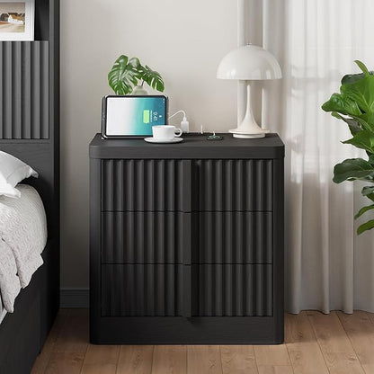 Fluted Nightstand with Charging Station, 23.6" Night Stand with Solid Wood - Image 3