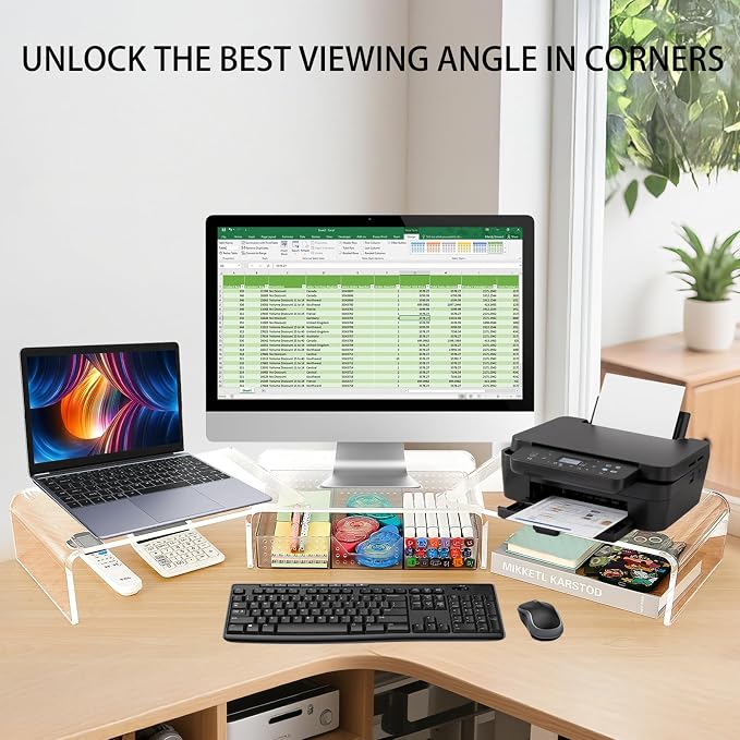 OPNICE Clear Acrylic Desk Organizers and Accessories, Dual Monitor Stand Riser - Image 4