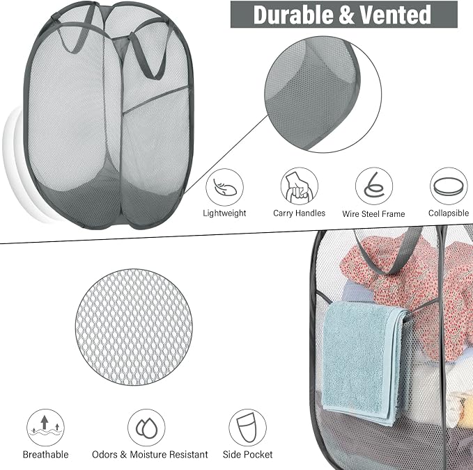 BATTOO 3 Pack Collapsible Laundry Basket Strong Mesh Pop Up Laundry Hamper - Image 2