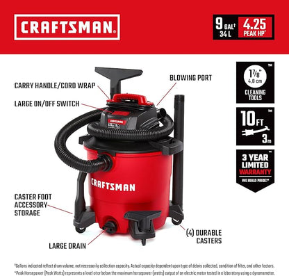 CRAFTSMAN CMXEVBE17590 9 Gallon 4.25 Peak HP Wet Dry Vac, Portable Shop Vacuum - Image 2