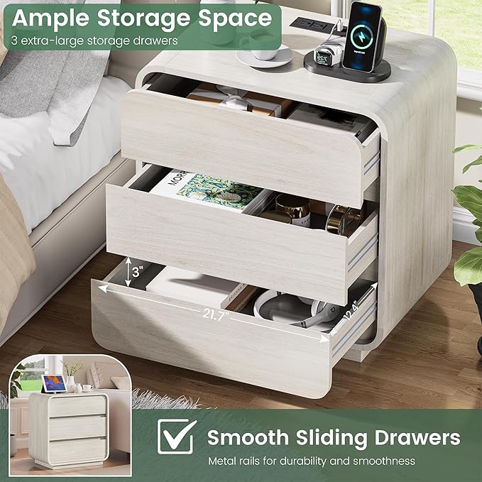 White Nightstand Set of 2 with Charging Station, 23.2" Wide Wood Bedside Table - Image 4