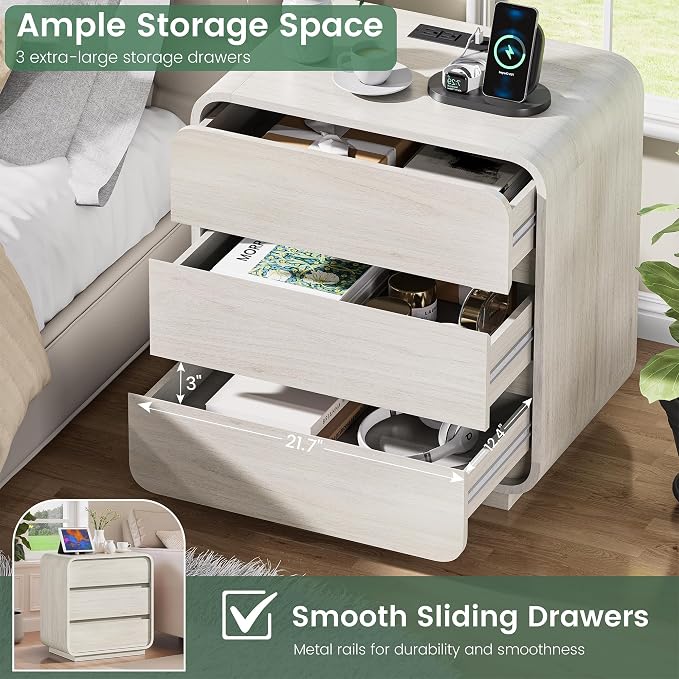 White Nightstand Set of 2 with Charging Station, 23.2" Wide Wood Night Stand - Image 5