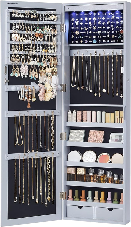 SONGMICS 6 LEDs Mirror Jewelry Cabinet, 47.2-Inch Tall Lockable Wall or Door by SONGMICSbySONGMICSHOME
