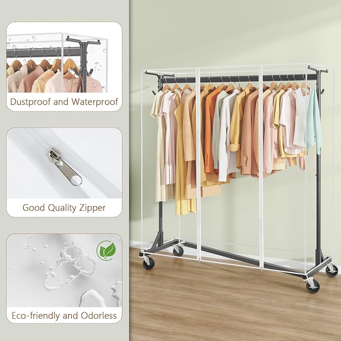 Hoctieon Z Clothes Rack with Cover, Metal Heavy Duty Clothing Rack, Rolling - Image 3
