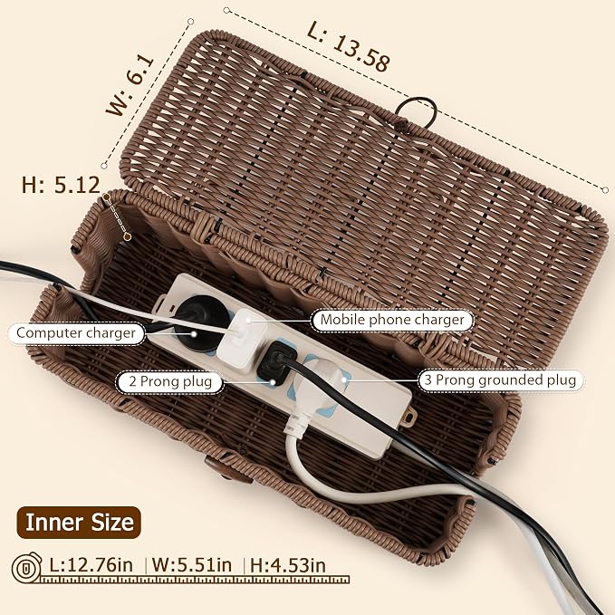 Cable Management Box, Handwoven Faux Rattan Cord Organizer Box - Image 2