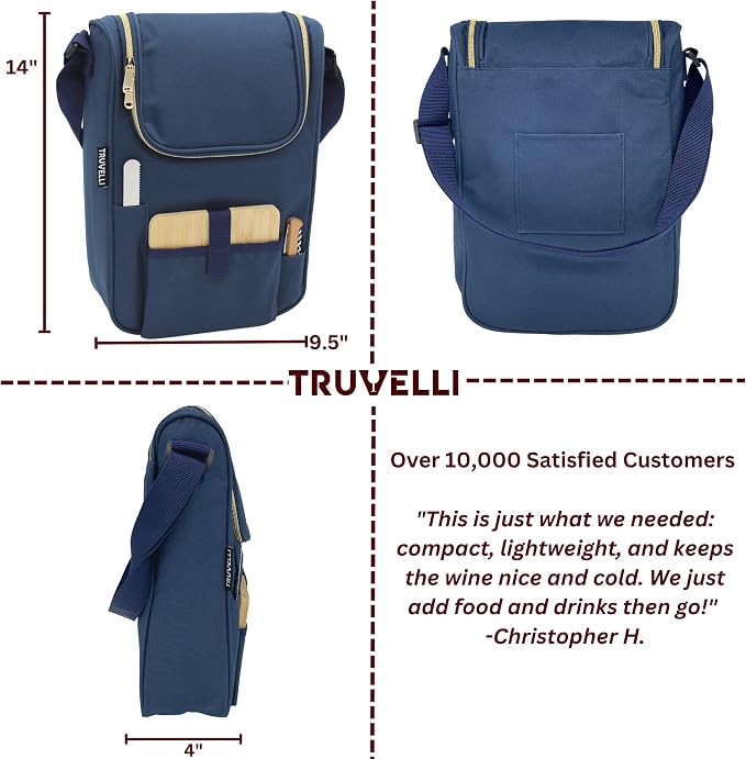 Truvelli Plush Picnic Premium Wine Bag, 7-in-1 Insulated 2 Bottle Wine Carrier - Image 5