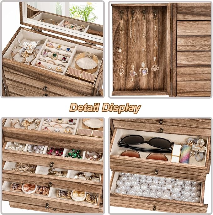 Emfogo Wooden Jewelry Box for Women, 6-Tier Large Jewelry Organizer Boxes - Image 5
