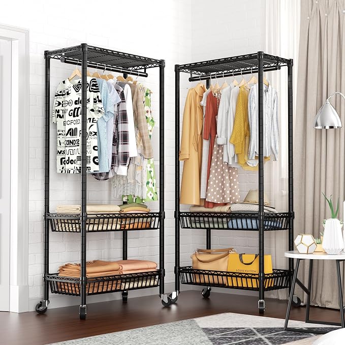 Heavy Duty Clothes Rack Rolling Garment Rack, Adjustable Wire Shelving Clothing - Image 3