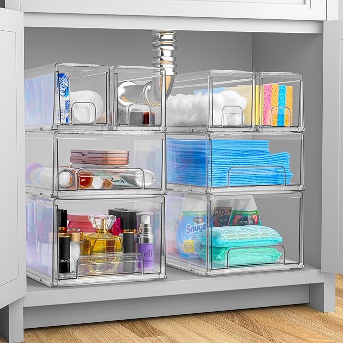 Sorbus 1 Medium & 2 Small Clear Stackable Storage Drawers – Plastic Organizer - Image 2