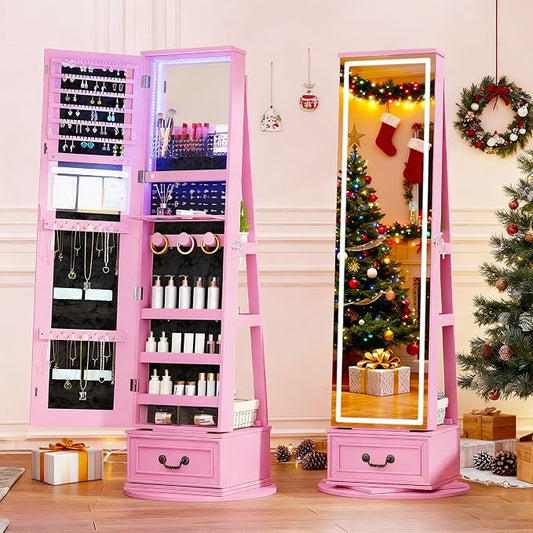 LVSOMT LED Mirror Jewelry Cabinet Standing, 360°Swivel Jewelry Armoire by DecorateHomeatEase