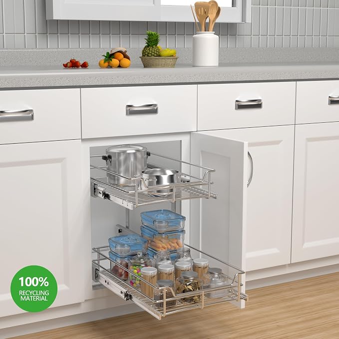 2 Tier Pull Out Cabinet Organizer, Roll Out Shelves and Drawer - Image 2