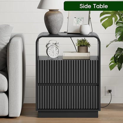 Black Nightstand with Charging Station, Mid Century Modern Bedside Table & End - Image 5