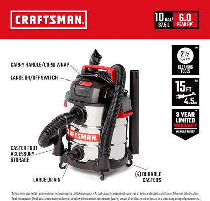 CRAFTSMAN CMXEVBE17155 10 Gallon 6.0 Peak HP Stainless Steel Wet Dry Vac - Image 2