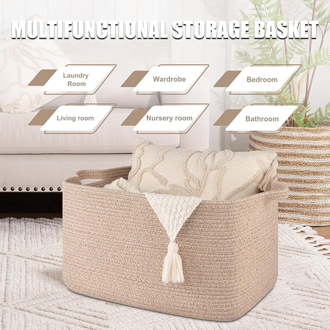 65L Large Storage Basket, Cotton Rope Woven Blanket Basket, Toy Storage - Image 4