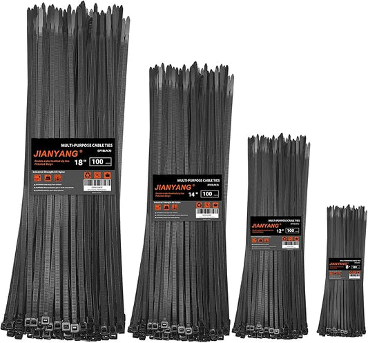 Zip Ties Assorted Size, 8+12+14+18 Inch Double Sided Toothed, 100 LBS Tensile by JIANYANG