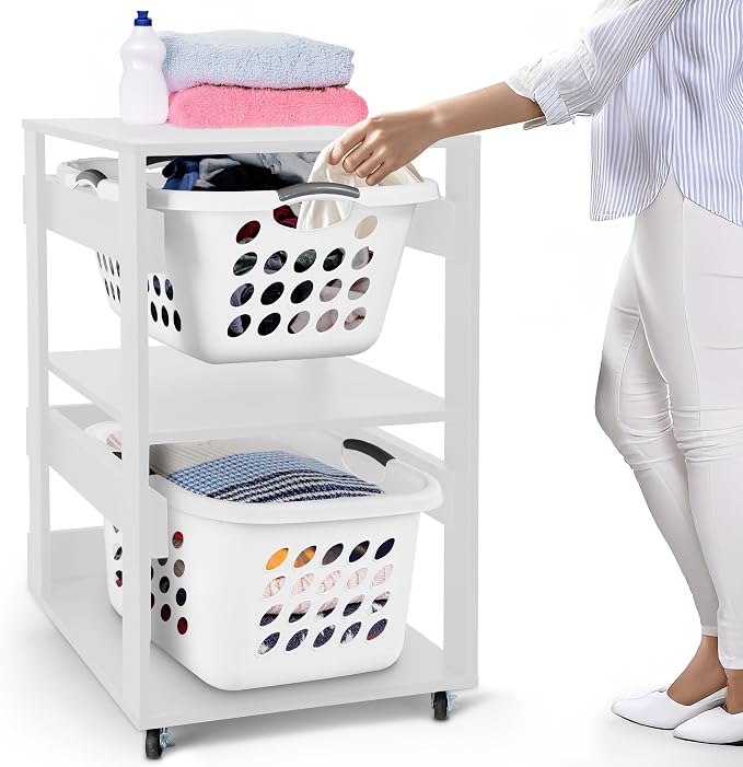 Laundry Basket Holder Shelf – Stackable Engineered Wood Laundry Tower by LeapOak
