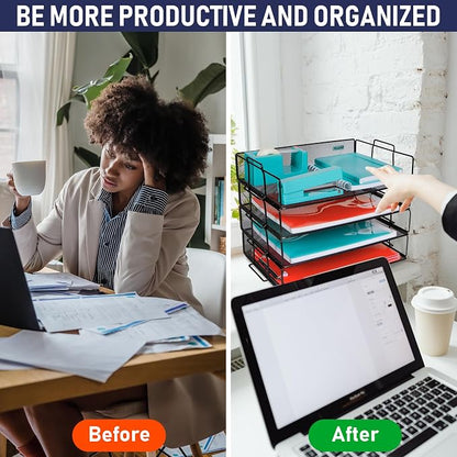 Stackable Paper Tray Desk Organizer, 4-Tier Metal Mesh Letter Organizers - Image 5