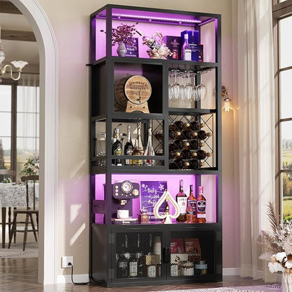 82.6" Tall Bar Cabinet with Power Outlets, 6-Tiers Reversible Wine Cabinet with - Image 2