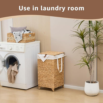 Laundry Hamper with Lid and Removable Liner Bag, Handwoven Natural Hyacinth - Image 6