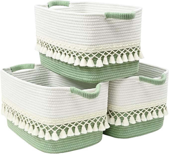 3 Pack Storage Basket for Shelves, Boho Cotton Rope Storage Bins by Degeyoyo