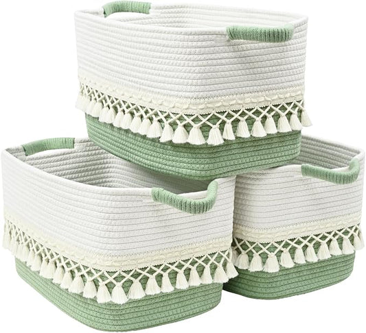3 Pack Storage Basket for Shelves, Boho Cotton Rope Storage Bins by Degeyoyo