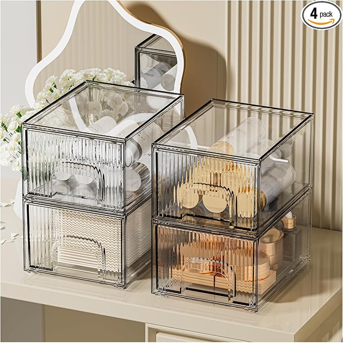 ZHIAI 4 Pack Clear Stackable Storage Drawer, Acrylic Drawer, Cosmetic Organizer by ZHIAI