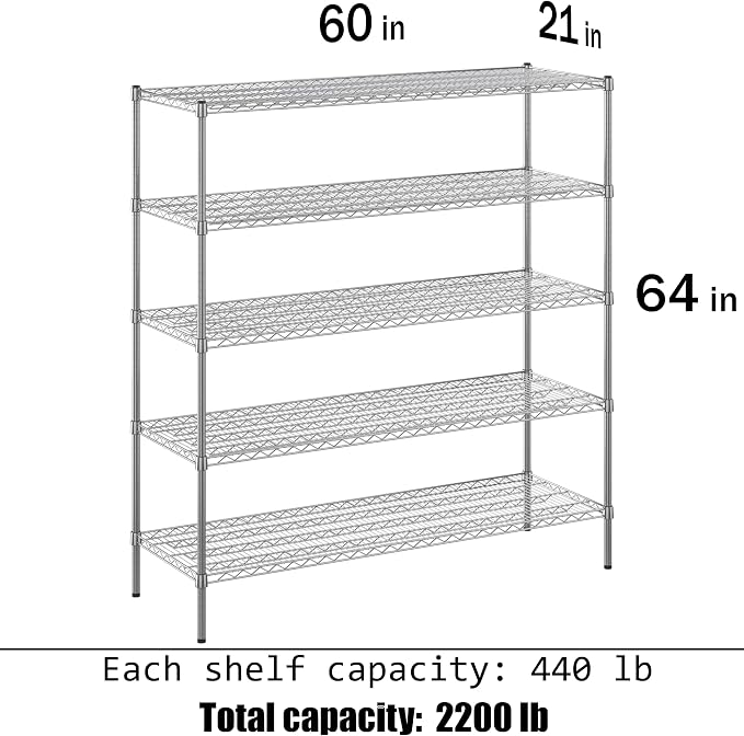 21" Deep x 60" Wide x 64" Height Wire Shelving Kit | 5-Tier | NSF Commercial - Image 3