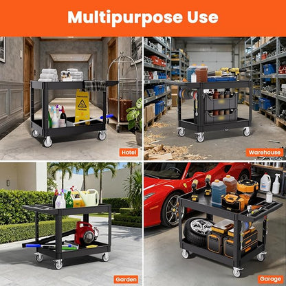 2 Tier Plastic Rolling Utility Cart on Wheels, Heavy Duty Tool Cart - Image 8