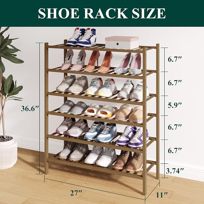 Smiry Bamboo Shoe Rack for Closet, 6 Tier Wooden Stackable Shoe Organizer - Image 2