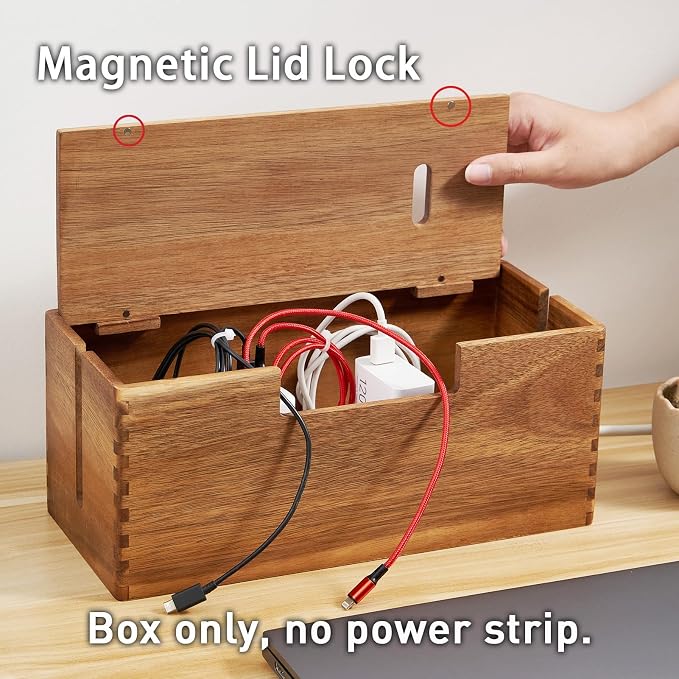 Acacia Wood Cable Management Box, Wooden Cord Hider & Organizer - Image 3