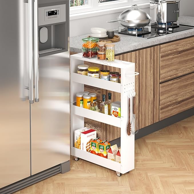Slim Storage Cart, 4-Tier Kitchen Rolling Cart Narrow Storage Cabinet - Image 2