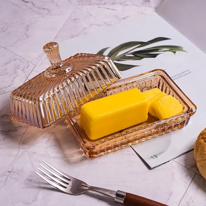 Glass Butter Dish with Lid for Countertop, Champagne Color Striped Crystal - Image 6