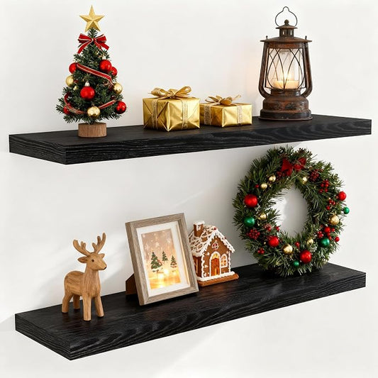 Fun Memories 40 Inch Floating Shelves Black, Farmhouse Wood Wall Shelves by FunMemories