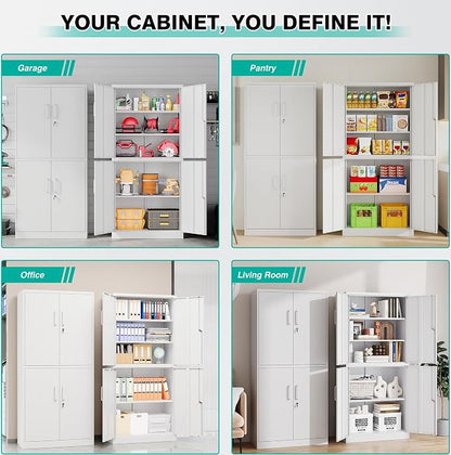 Metal Storage Cabinet with 3 Adjustable Shelves, Tall Steel Pantry Cabinets 4 - Image 4