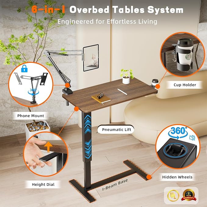 Overbed Bedside Table with Wheels, Adjustable Hospital Bedside Desk, Rolling - Image 3