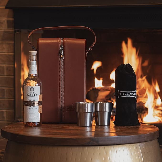 POUR & GARNISH Bourbon, Whiskey & Wine Double Bottle Travel Bag – Vegan Leather - Image 3
