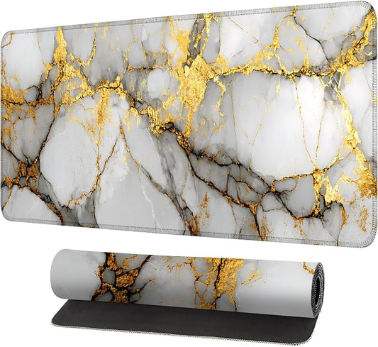 White Marble Mouse Pad – Large Extended Desk Mat 31.5 x 11.8 in– Elegant Gold by LEIWEIHOPE
