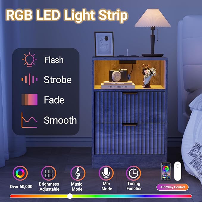 LED Nightstand with Charging Station, Fluted Nightstand Set of 2, Wood - Image 5