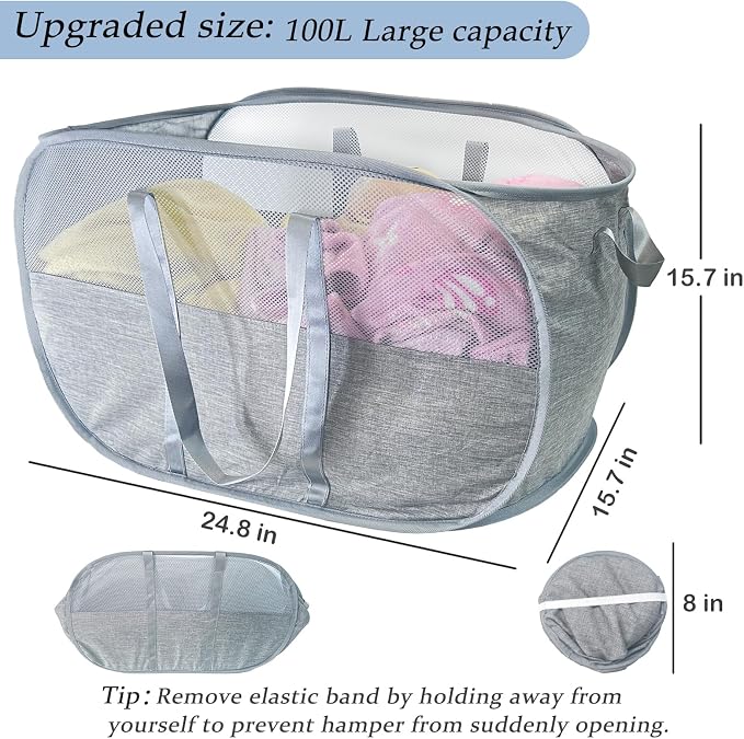 100L Collapsible Laundry Baskets 2 Pack, Extra Large Mesh Pop Up Laundry Hamper - Image 2