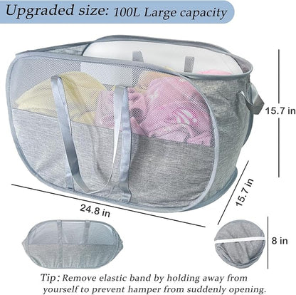 100L Collapsible Laundry Baskets 2 Pack, Extra Large Mesh Pop Up Laundry Hamper - Image 2