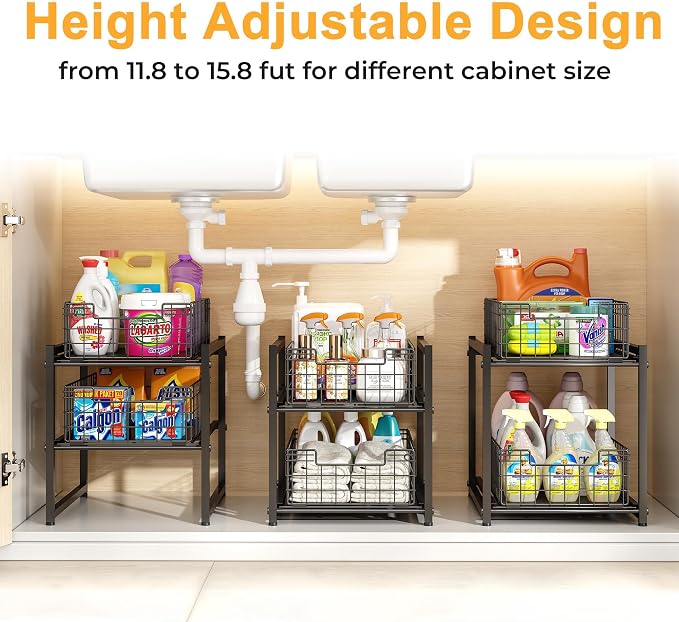 Under Sink Organizer, 2-Tier Pull Out Cabinet Organizer, Adjustable Height - Image 4