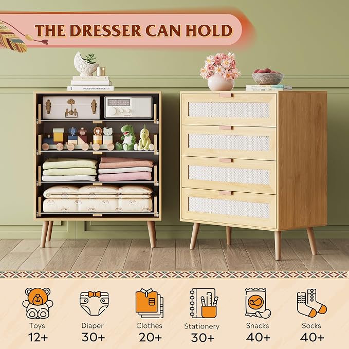 WLIVE Rattan Dresser for Bedroom, 4 Drawer Wooden Boho Dresser Storage - Image 5