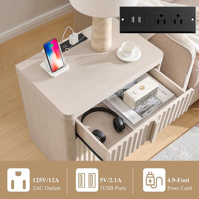 23.6" Nightstand Set of 2 with Charging Station, Side Table with 3 Large - Image 4