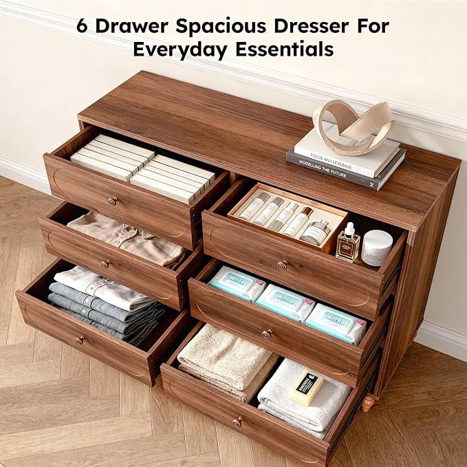 6 Drawer Dresser for Bedroom, Dark Walnut Wood Dresser - Image 4