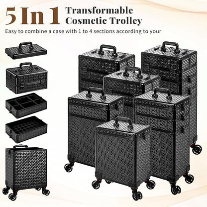 AROUS 5 in 1 Rolling Makeup Train Case Cosmetology Case on Wheels Large - Image 2