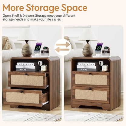Set of 2 Night Stand with Charging Station, 19.7" Wooden Side Table Curved - Image 6
