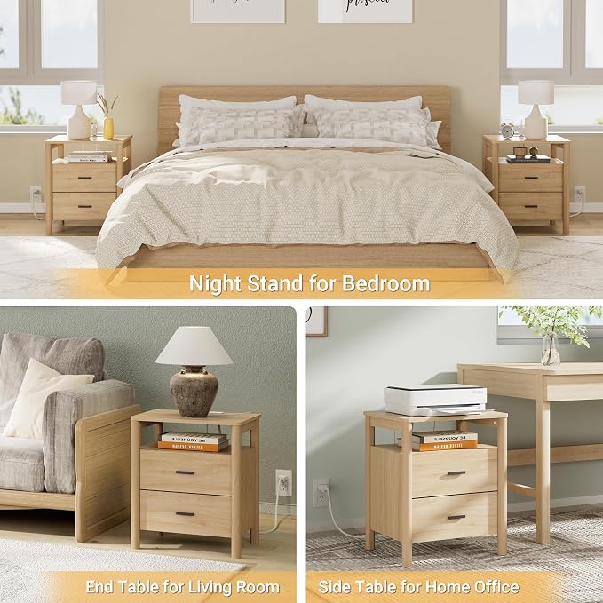Night Stand with Charging Station, 2 Drawers End Table with Open Shelf - Image 6