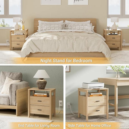 Night Stand with Charging Station, 2 Drawers End Table with Open Shelf - Image 6